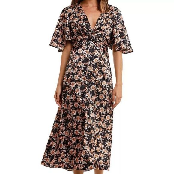 NEW ACLER Size 10 Tippet Midi Dress Flutter Sleeve Half Lined Floral Satin - Picture 2 of 16